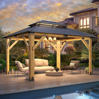 11' x 13' Wood Gazebo, Outdoor Wooden Gazebo with Galvanized Steel Double Roof, Hardtop Gazebos for Garden, Patio, Deck, Backyard