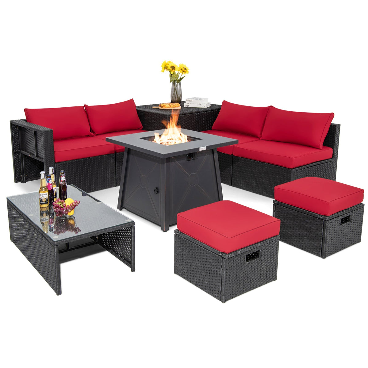 9-Piece Weatherproof Rattan Patio Conversation Set with 30-In. Propane Fire Pit Table and Dust Covers