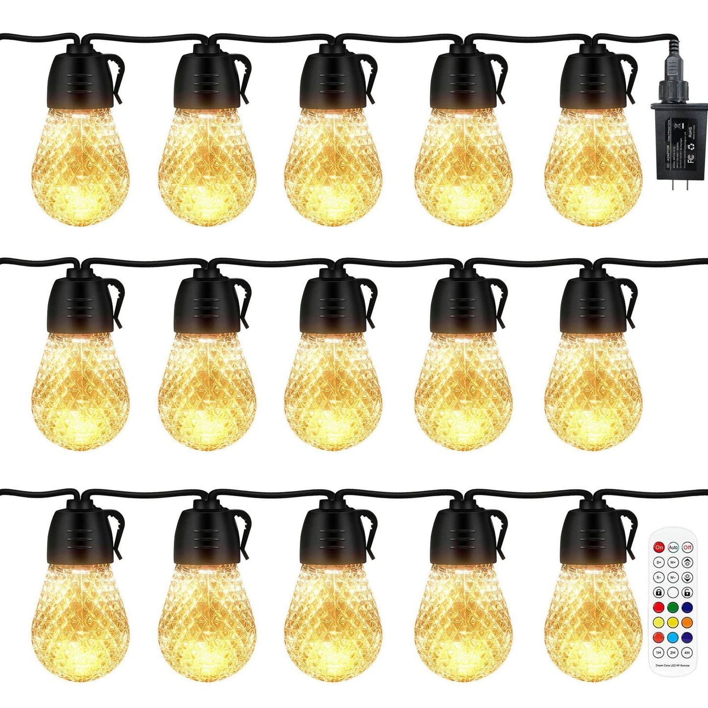 52.5 Feet Colorful Outdoor String Lights Smart RGB LED Patio Lights IP66 Waterproof Dimmable Hanging Light Bulbs with APP/ Remote Control 15 Bulbs