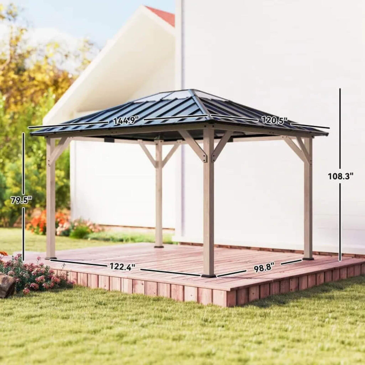 8’ x 10’ Alora Heavy-Duty Fir Wood Hardtop Gazebo With Galvanized Steel Roof And Ceiling Hooks (SAK29467)