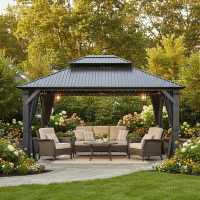 12' x 14' Outdoor Wood Hardtop Gazebo with Galvanized Steel Double Roof, Wood Posts, Netting & Curtains for Patio, Backyard, Deck & Garden