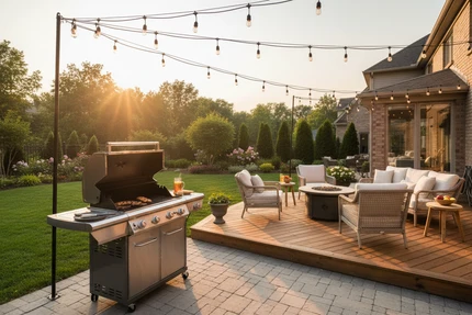 Outdoor grill and patio setup at sunset