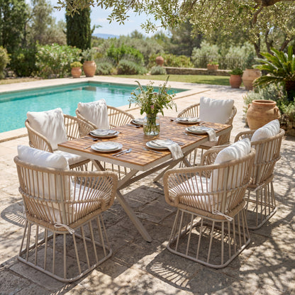 7-Piece Luxury Teak Outdoor Dining Set with Wicker Chairs & Cushions – Modern Patio Furniturens