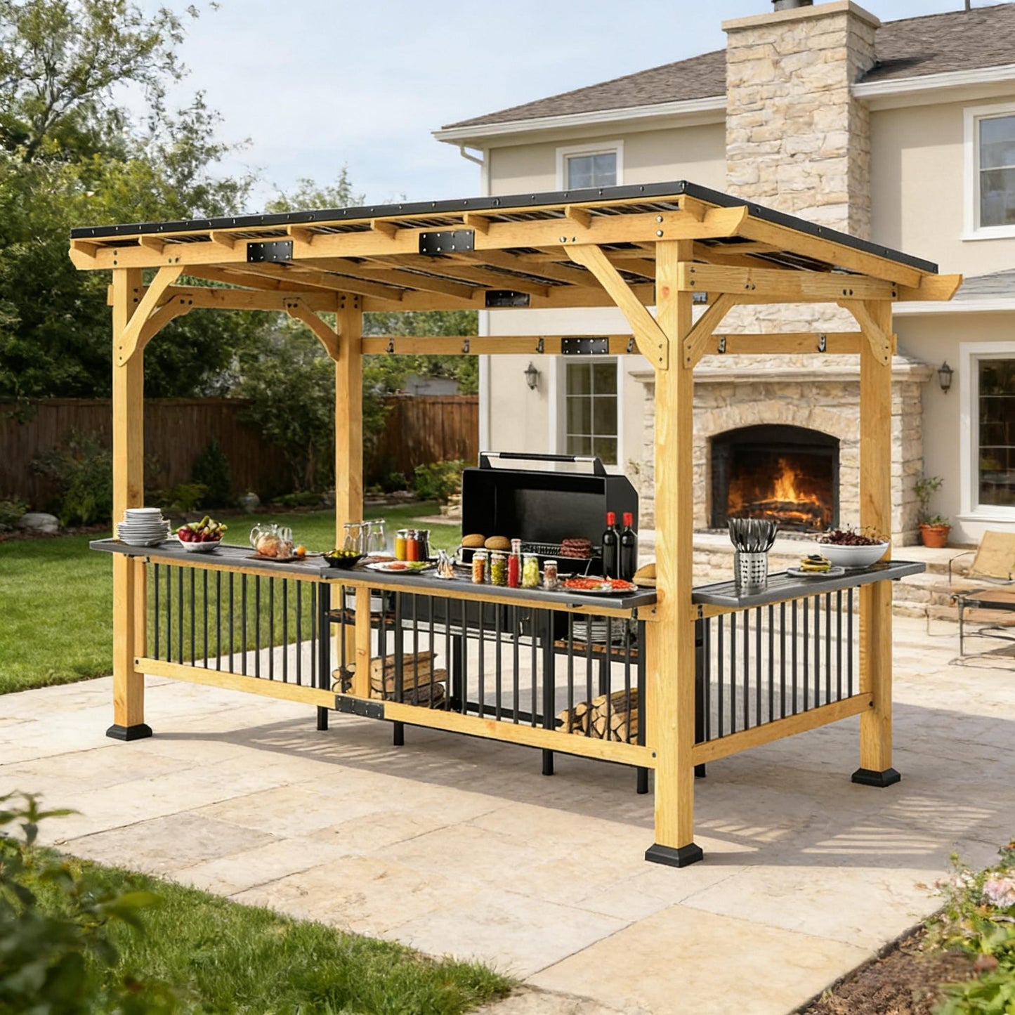 6’ x 13’ Alora Premium Outdoor Hardtop Wooden BBQ Grill Gazebo (SAK97420)