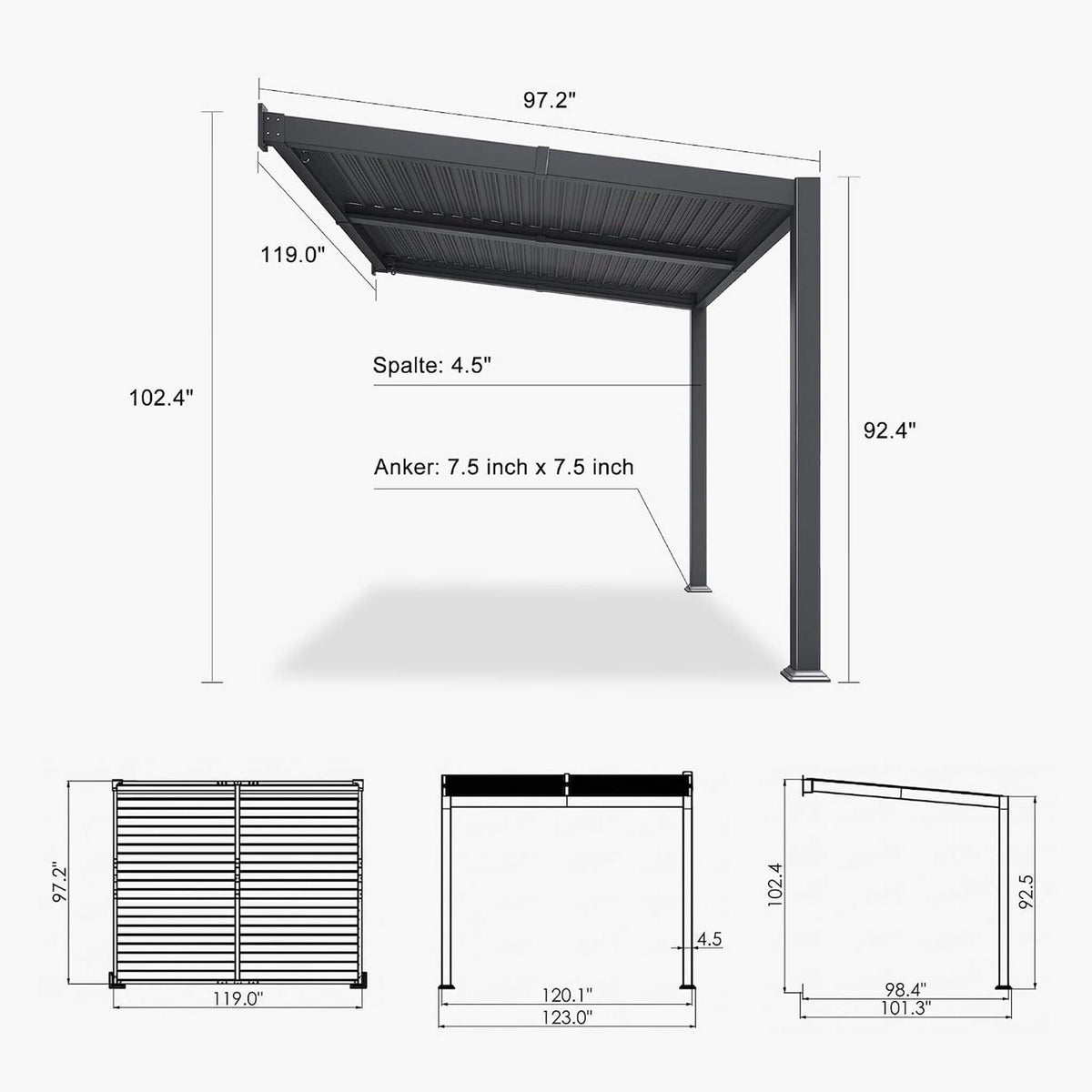8' x 10' Alora Modern Wall-Mounted Louvered Pergola With Aluminum Frame (SAK60977)