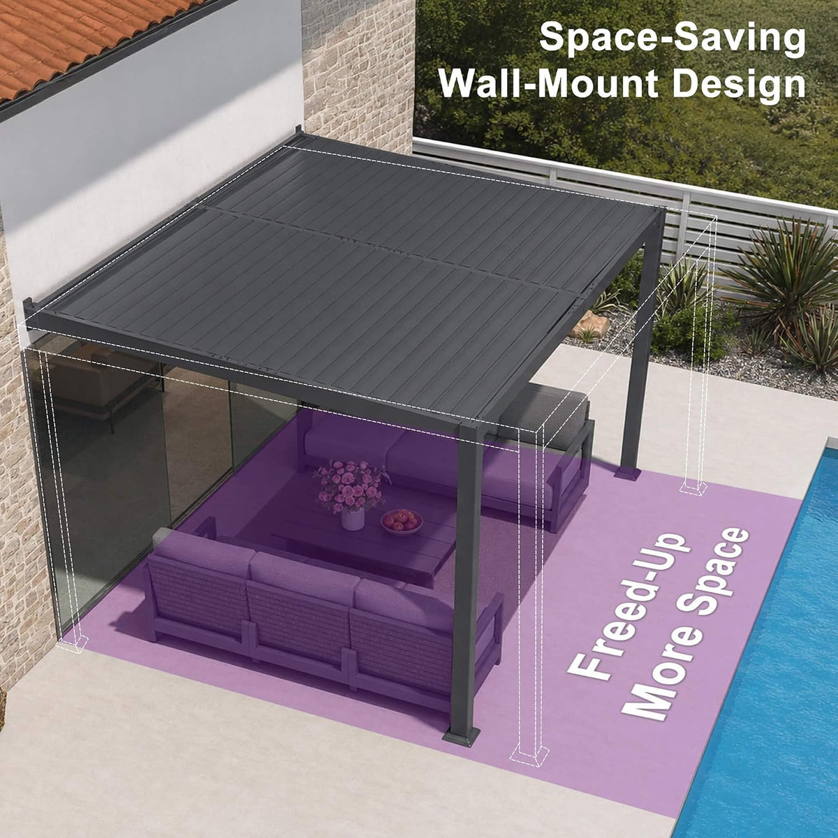 8' x 10' Alora Modern Wall-Mounted Louvered Pergola With Aluminum Frame (SAK60977)