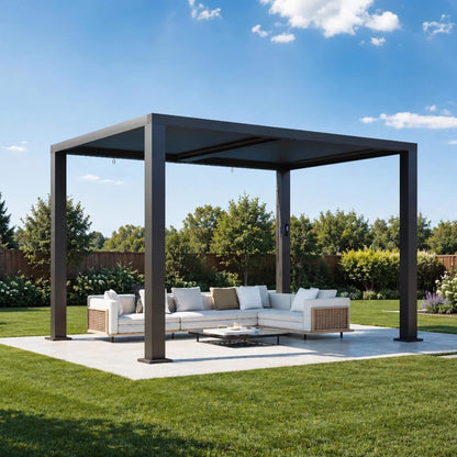 9' x 12' Alora Premium Outdoor Electric Motorized Louvered Pergola With Built-In LED Lights & Fan (SAK53841)