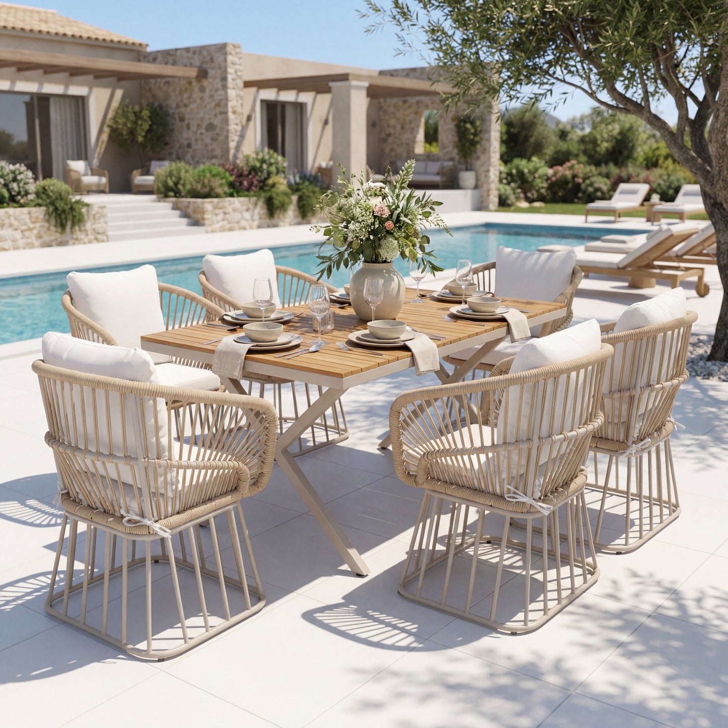 7-Piece Luxury Teak Outdoor Dining Set with Wicker Chairs & Cushions – Modern Patio Furniturens