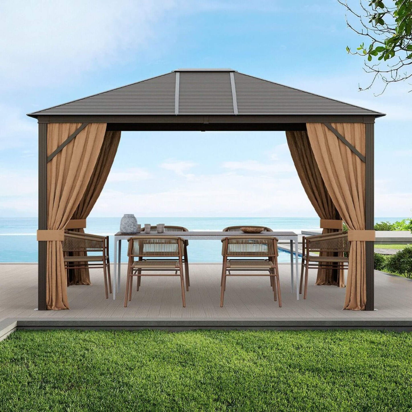 10’ x 12’ Alora Premium Outdoor Hardtop Patio Gazebo With Galvanized Steel Top & Aluminum Frame (SAK74065)