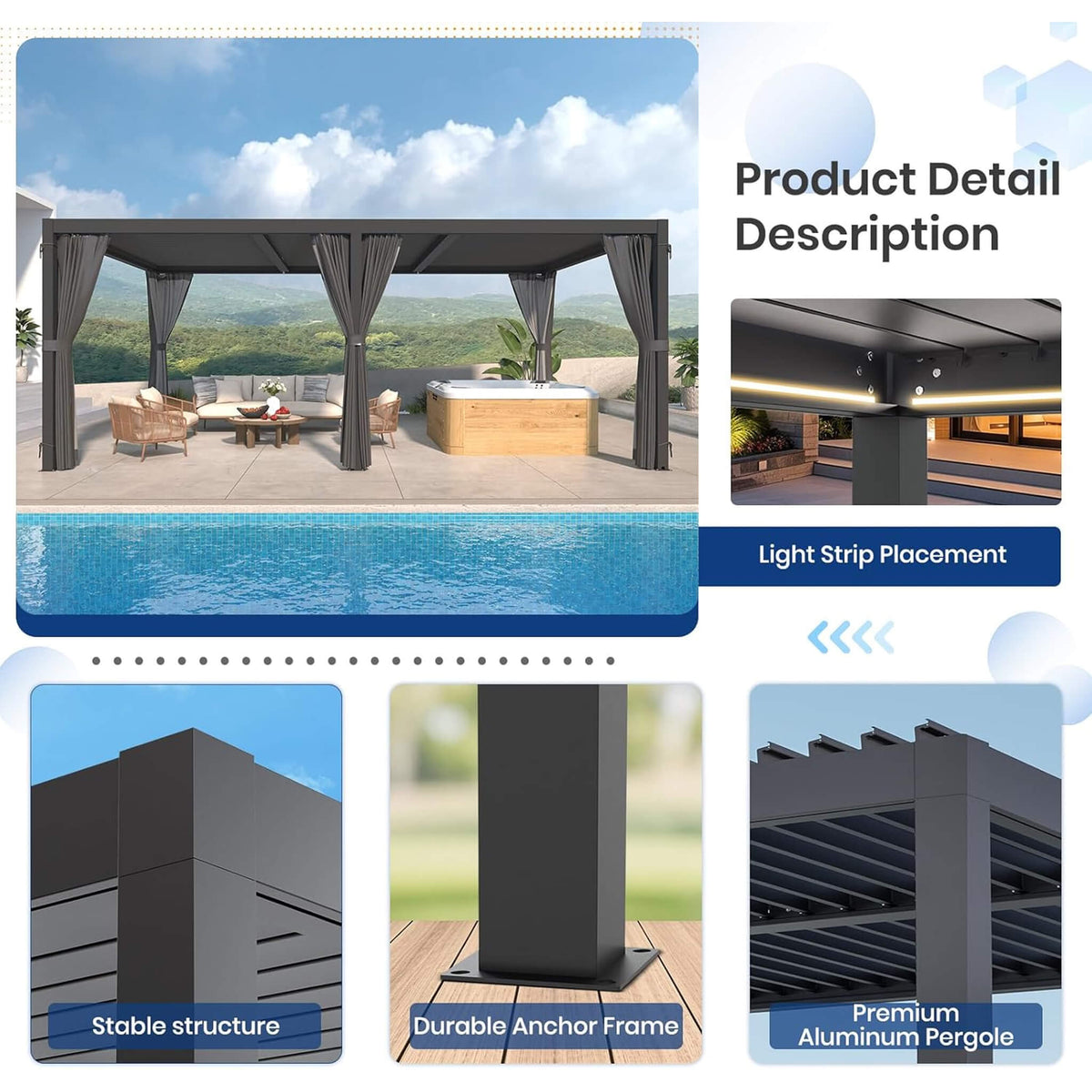10' x 20' Alora Premium Louvered Pergola With Curtains And Netting (SAK67041)