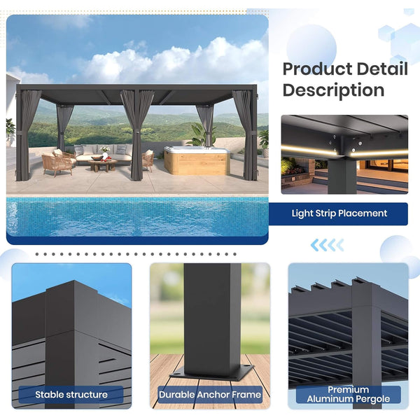 10' x 20' Alora Premium Louvered Pergola With Curtains And Netting (SAK67041)