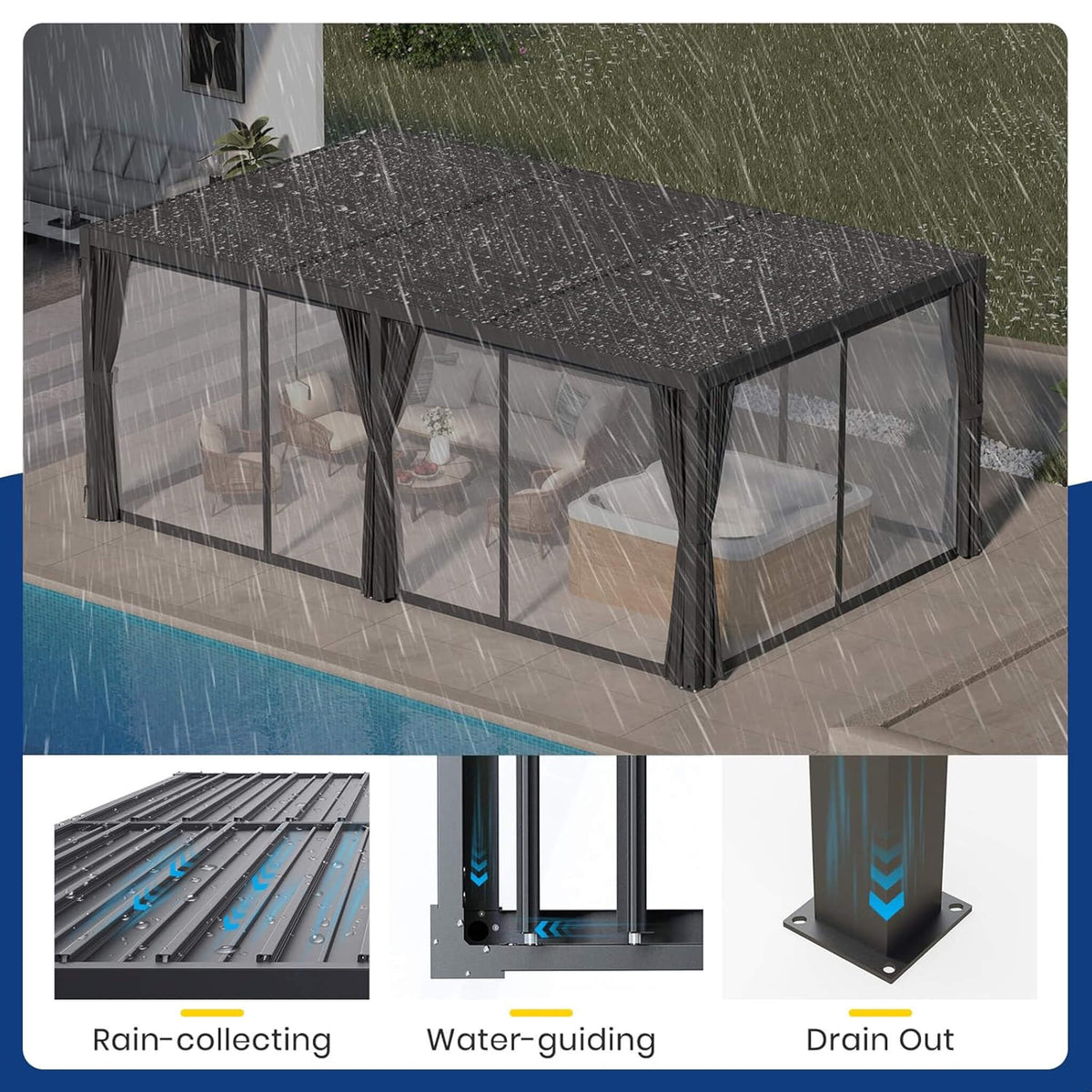 10' x 20' Alora Premium Louvered Pergola With Curtains And Netting (SAK67041)