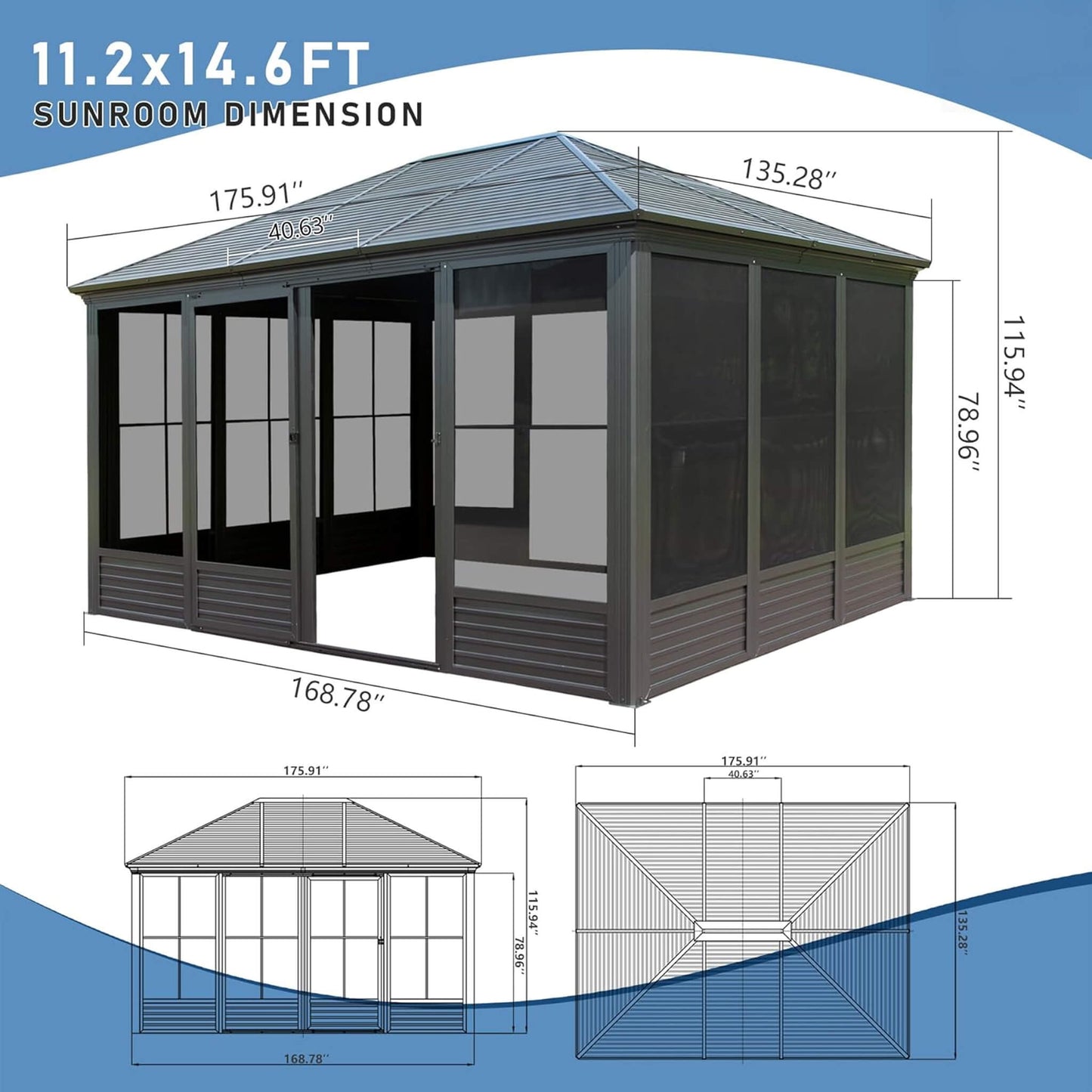 11’ x 14’ Alora Meridian Premium Four Season Outdoor Aluminum Hardtop Gazebo Sunroom With Galvanized Steel Roof, Sliding Doors And Movable PVC Screen Walls (SAK88776)