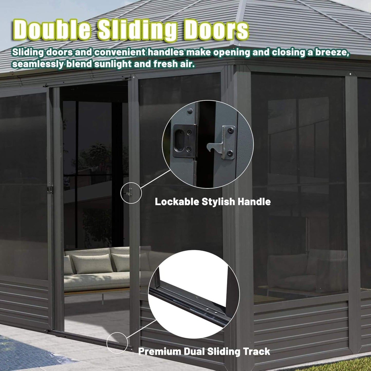 11’ x 14’ Alora Meridian Premium Four Season Outdoor Aluminum Hardtop Gazebo Sunroom With Galvanized Steel Roof, Sliding Doors And Movable PVC Screen Walls (SAK88776)