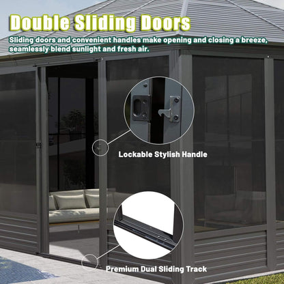 11’ x 14’ Alora Meridian Premium Four Season Outdoor Aluminum Hardtop Gazebo Sunroom With Galvanized Steel Roof, Sliding Doors And Movable PVC Screen Walls (SAK88776)