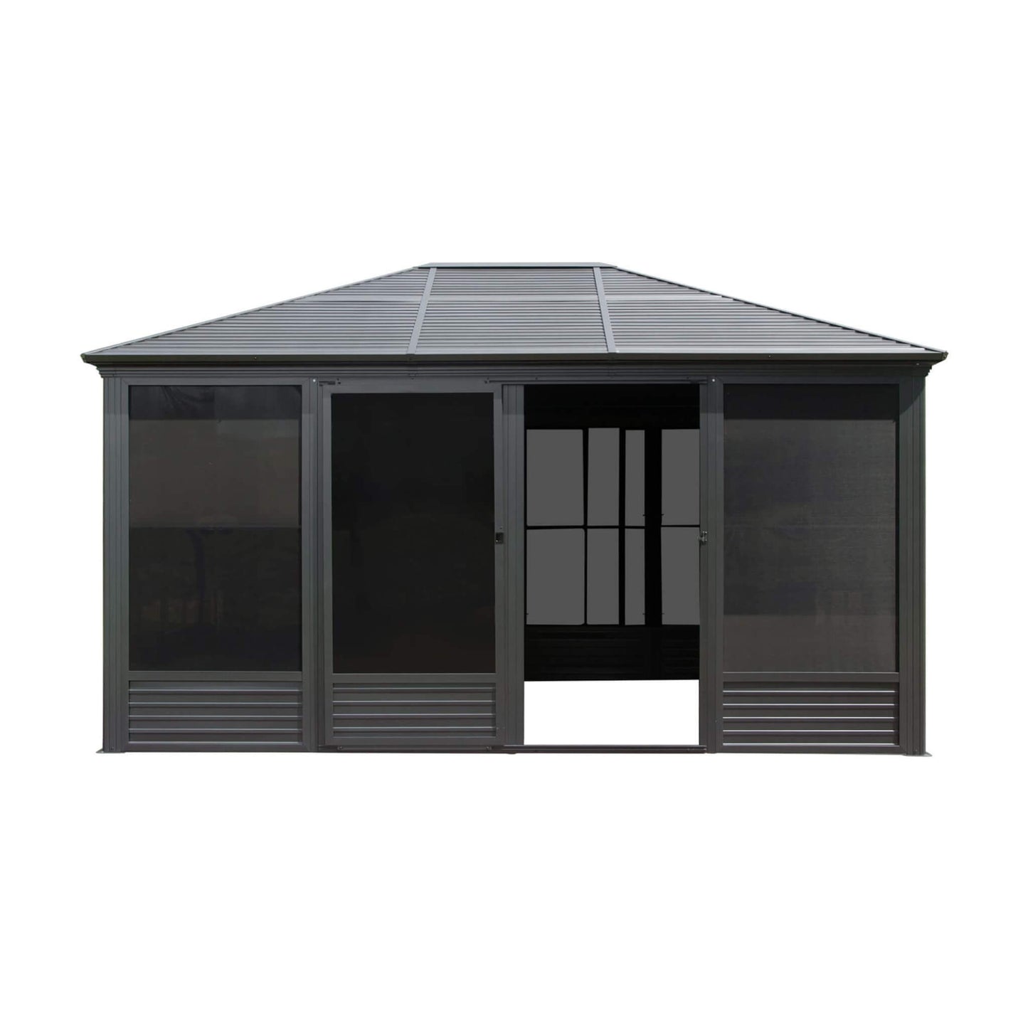 11’ x 14’ Alora Meridian Premium Four Season Outdoor Aluminum Hardtop Gazebo Sunroom With Galvanized Steel Roof, Sliding Doors And Movable PVC Screen Walls (SAK88776)