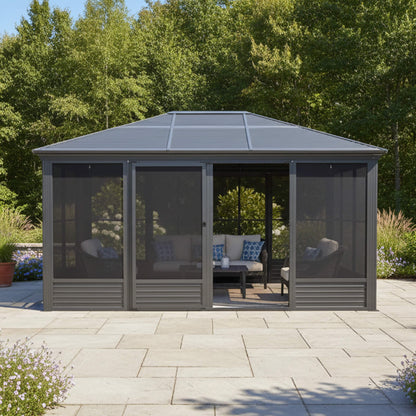 11’ x 14’ Alora Meridian Premium Four Season Outdoor Aluminum Hardtop Gazebo Sunroom With Galvanized Steel Roof, Sliding Doors And Movable PVC Screen Walls (SAK88776)