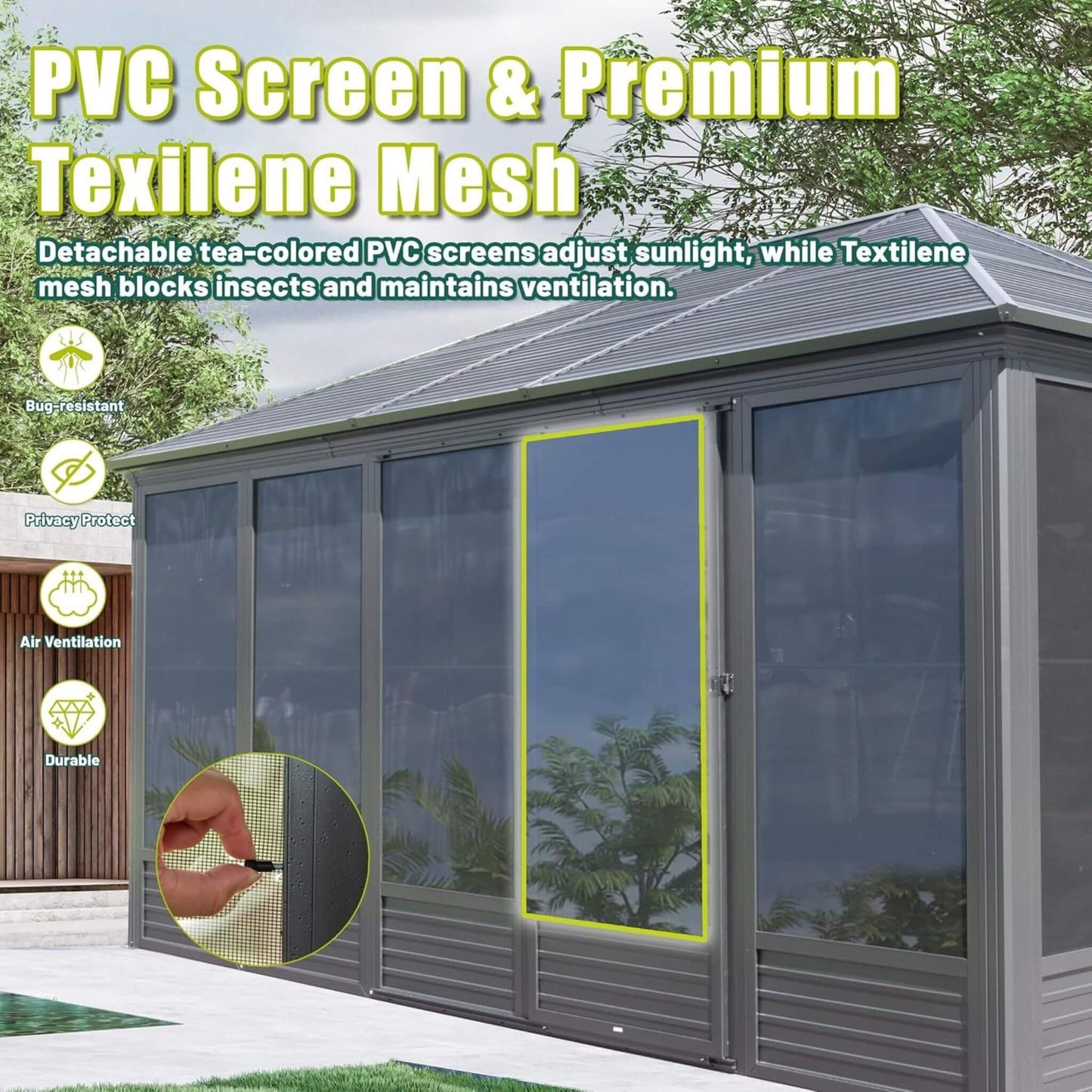 11’ x 14’ Alora Meridian Premium Four Season Outdoor Aluminum Hardtop Gazebo Sunroom With Galvanized Steel Roof, Sliding Doors And Movable PVC Screen Walls (SAK88776)