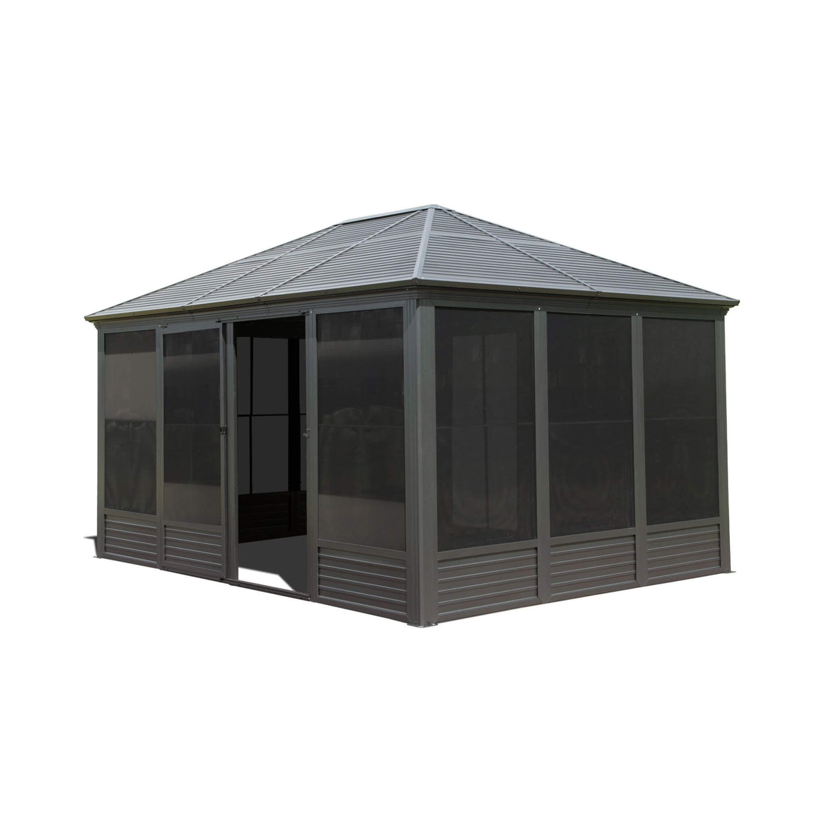 11’ x 14’ Alora Meridian Premium Four Season Outdoor Aluminum Hardtop Gazebo Sunroom With Galvanized Steel Roof, Sliding Doors And Movable PVC Screen Walls (SAK88776)