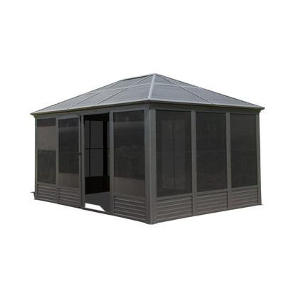 11’ x 14’ Alora Meridian Premium Four Season Outdoor Aluminum Hardtop Gazebo Sunroom With Galvanized Steel Roof, Sliding Doors And Movable PVC Screen Walls (SAK88776)