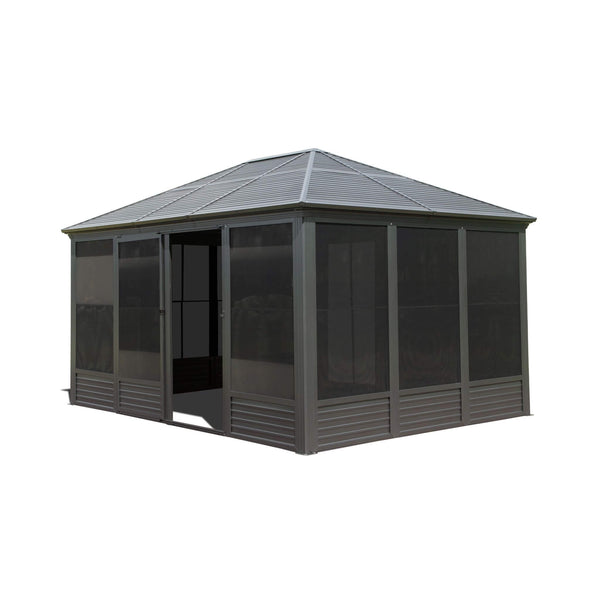 11’ x 14’ Alora Meridian Premium Four Season Outdoor Aluminum Hardtop Gazebo Sunroom With Galvanized Steel Roof, Sliding Doors And Movable PVC Screen Walls (SAK88776)