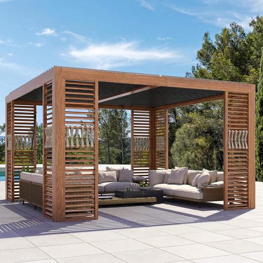 12' x 12' Alora Premium Outdoor Wood Grain Louvered Pergola With Integrated Drainage (SAK74256)
