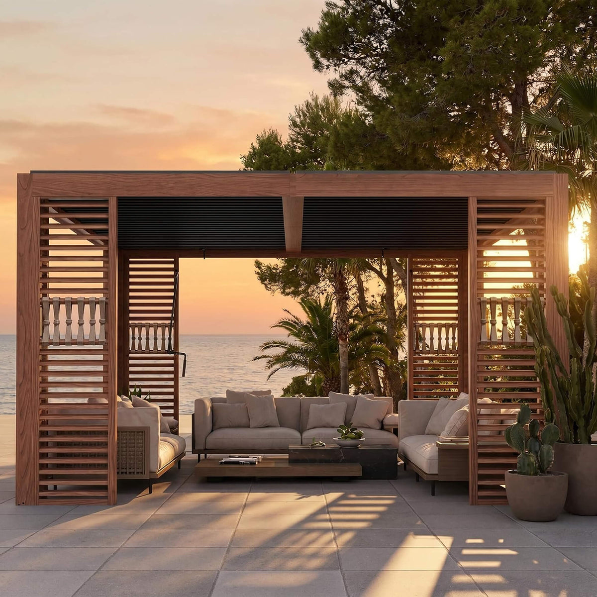 12' x 12' Alora Premium Outdoor Wood Grain Louvered Pergola With Integrated Drainage (SAK74256)