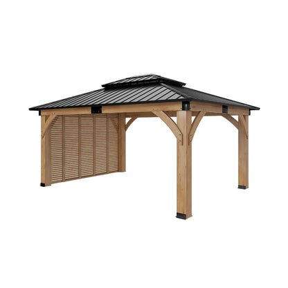 12’ x 14’ Alora Modern Double-Tier Hardtop Spruce Wood Gazebo With Built-In Privacy Wall & Ceiling Hooks (SAK75086)