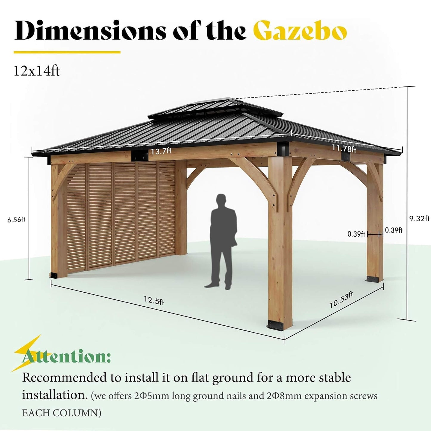 12’ x 14’ Alora Modern Double-Tier Hardtop Spruce Wood Gazebo With Built-In Privacy Wall & Ceiling Hooks (SAK75086)