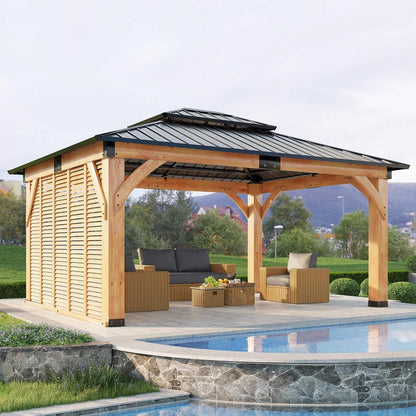 12’ x 14’ Alora Modern Double-Tier Hardtop Spruce Wood Gazebo With Built-In Privacy Wall & Ceiling Hooks (SAK75086)