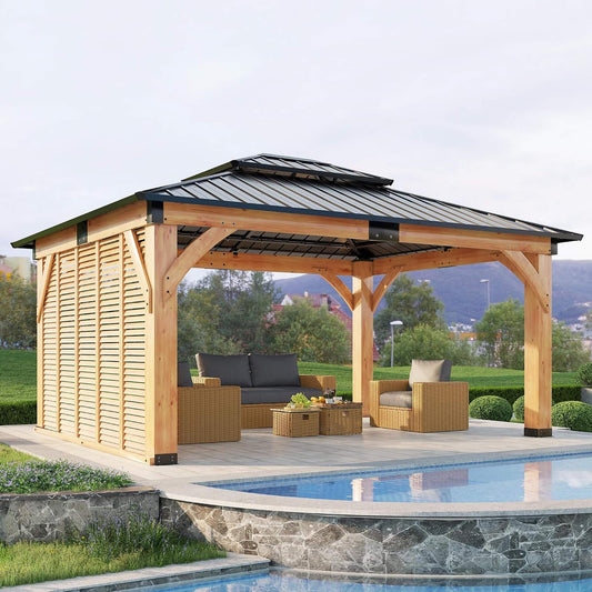 12’ x 14’ Alora Modern Double-Tier Hardtop Spruce Wood Gazebo With Built-In Privacy Wall & Ceiling Hooks (SAK75086)