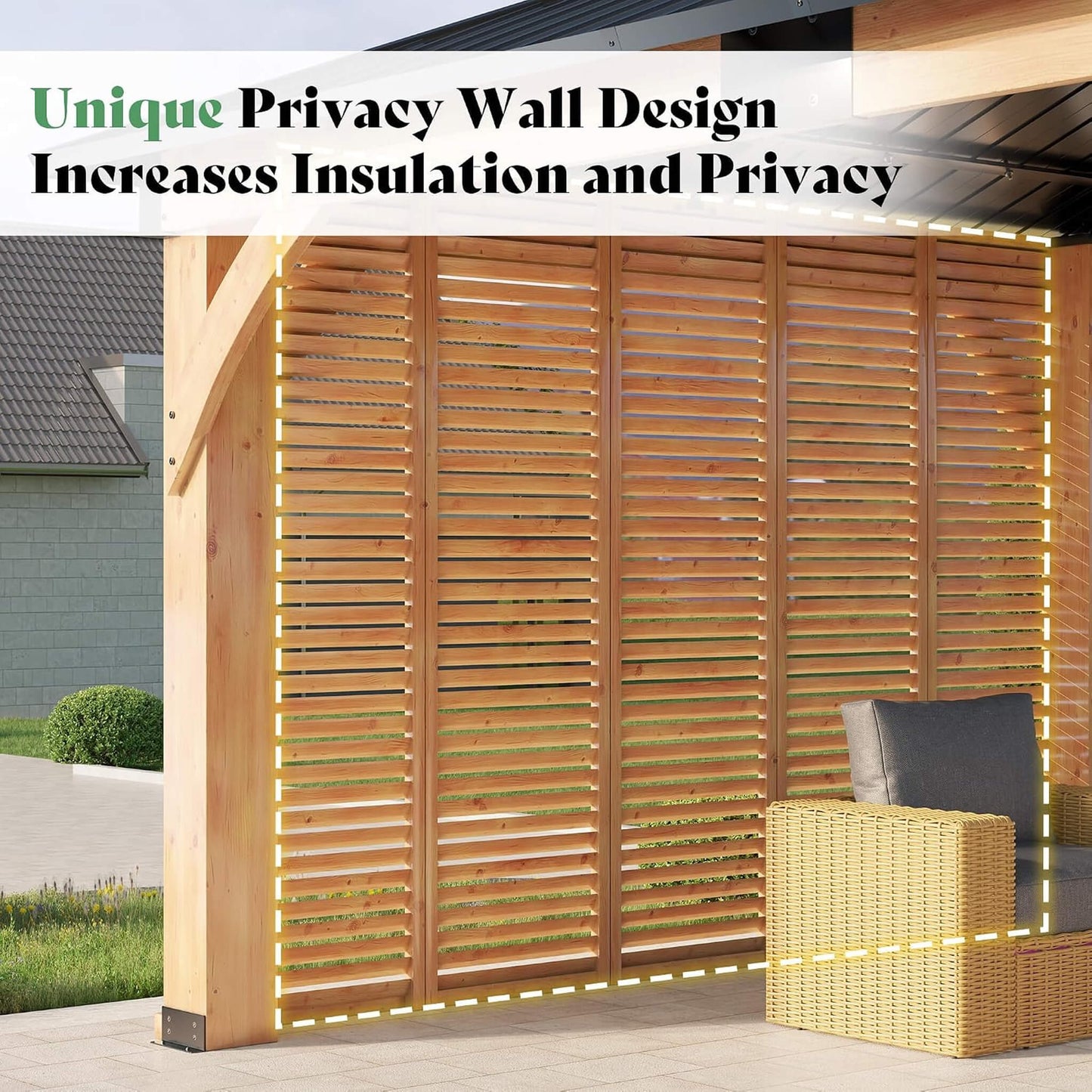 12’ x 14’ Alora Modern Double-Tier Hardtop Spruce Wood Gazebo With Built-In Privacy Wall & Ceiling Hooks (SAK75086)