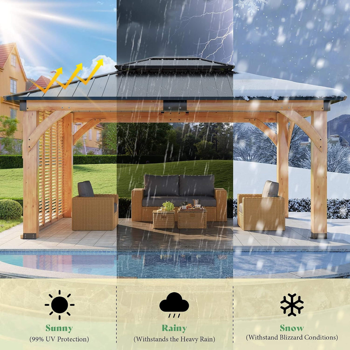 12’ x 14’ Alora Modern Double-Tier Hardtop Spruce Wood Gazebo With Built-In Privacy Wall & Ceiling Hooks (SAK75086)