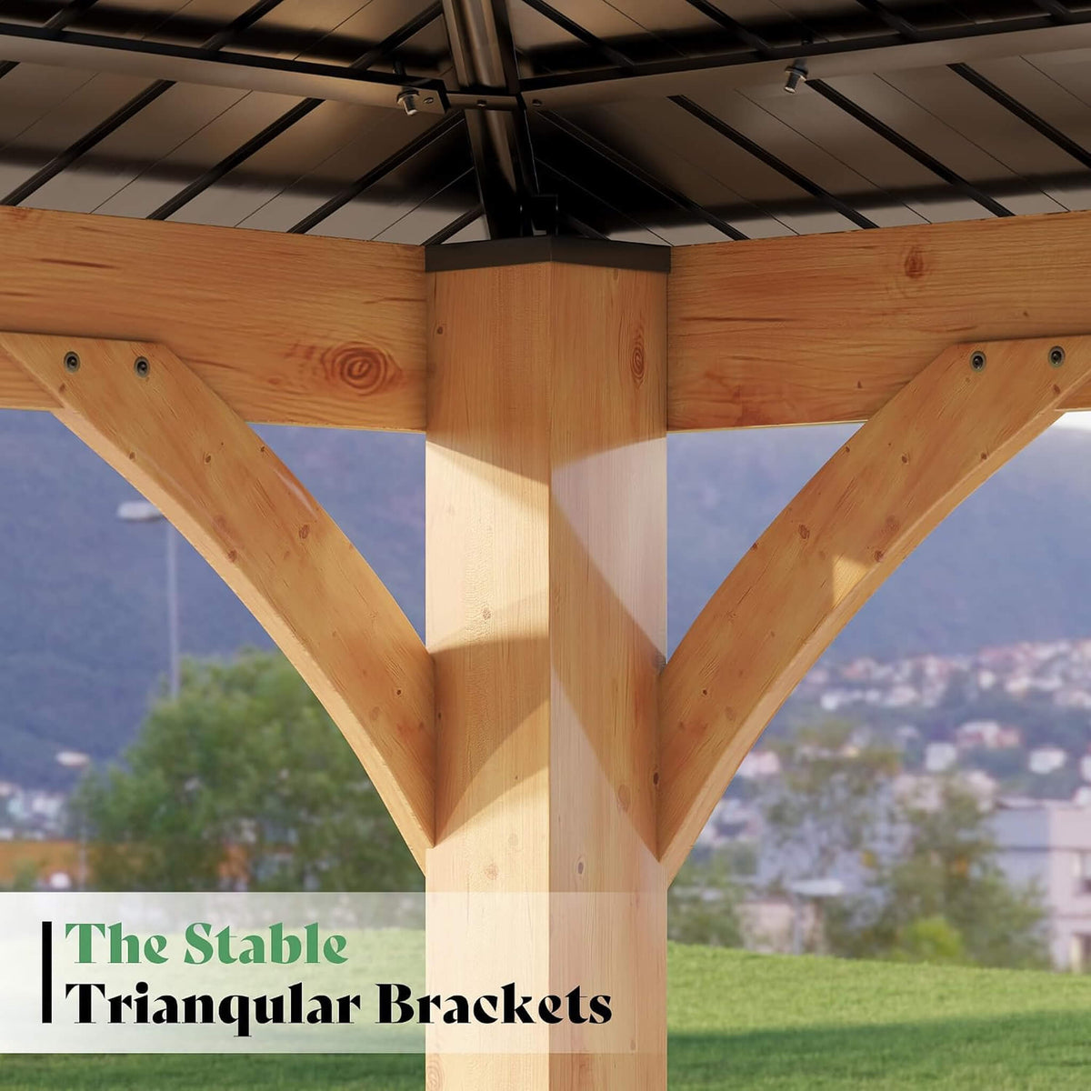 12’ x 14’ Alora Modern Double-Tier Hardtop Spruce Wood Gazebo With Built-In Privacy Wall & Ceiling Hooks (SAK75086)