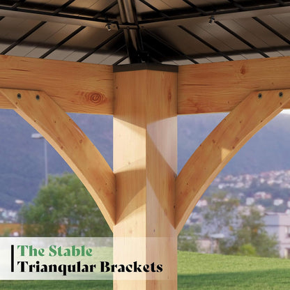 12’ x 14’ Alora Modern Double-Tier Hardtop Spruce Wood Gazebo With Built-In Privacy Wall & Ceiling Hooks (SAK75086)