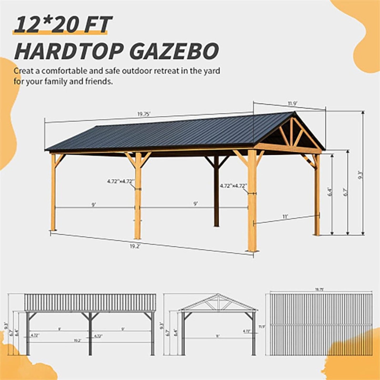12’ x 20’ Alora Premium Outdoor Double-Layer Galvanized Steel Hardtop Gazebo For Patio (SAK46095)