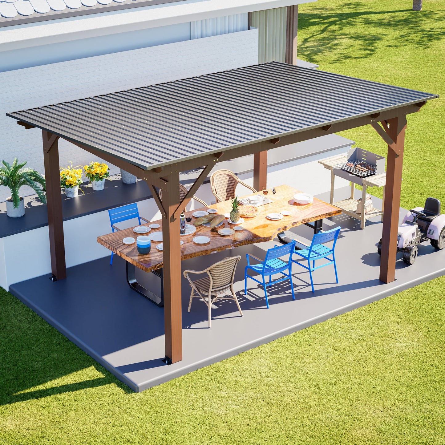 13x10ft Wooden Garden Gazebo with Metal Roof
