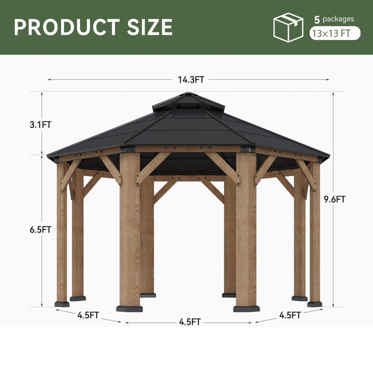 13’ x 13’ Alora Premium All-Weather Octagonal Double Hardtop Cedar Wood Gazebo (SAK42795)
