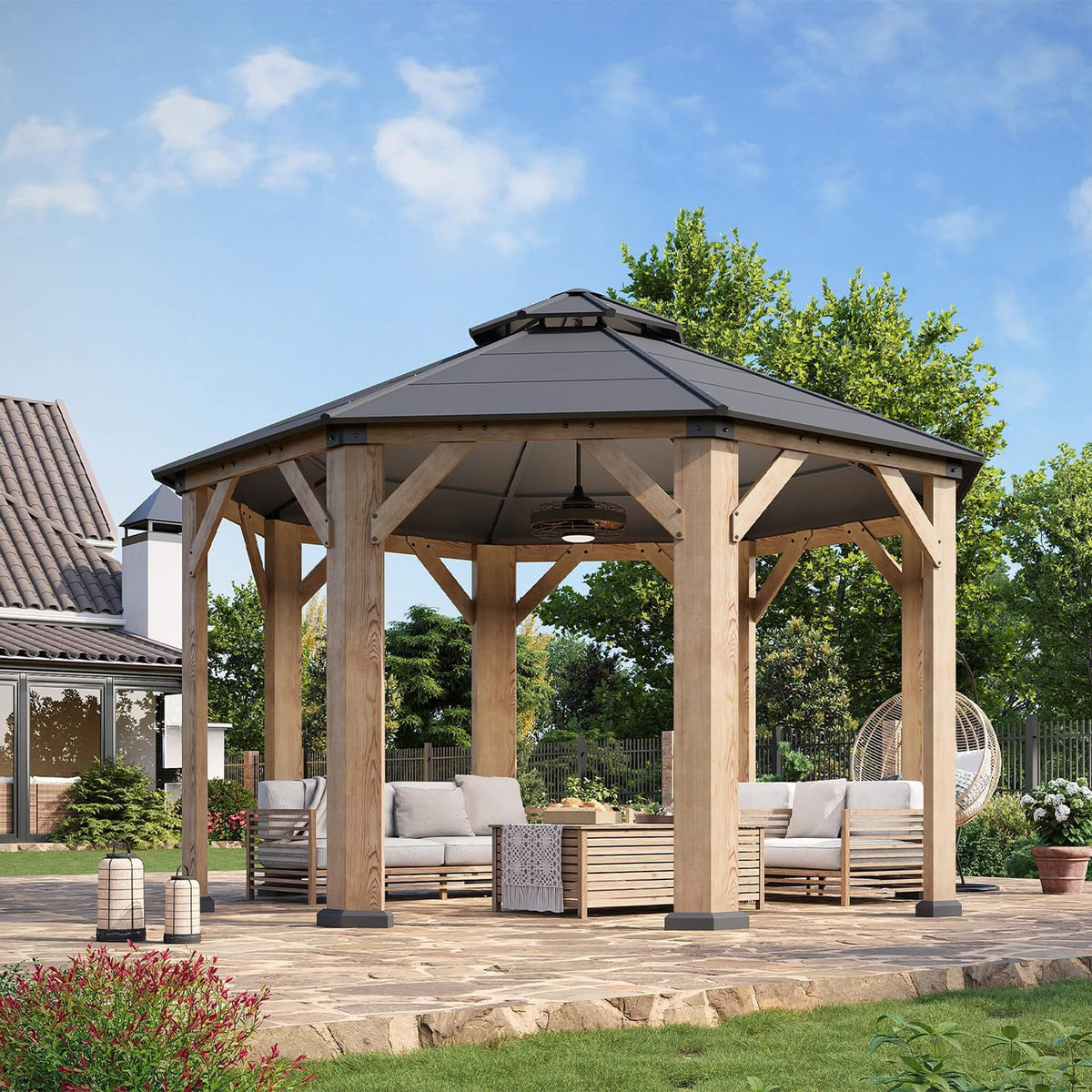 13’ x 13’ Alora Premium All-Weather Octagonal Double Hardtop Cedar Wood Gazebo (SAK42795)