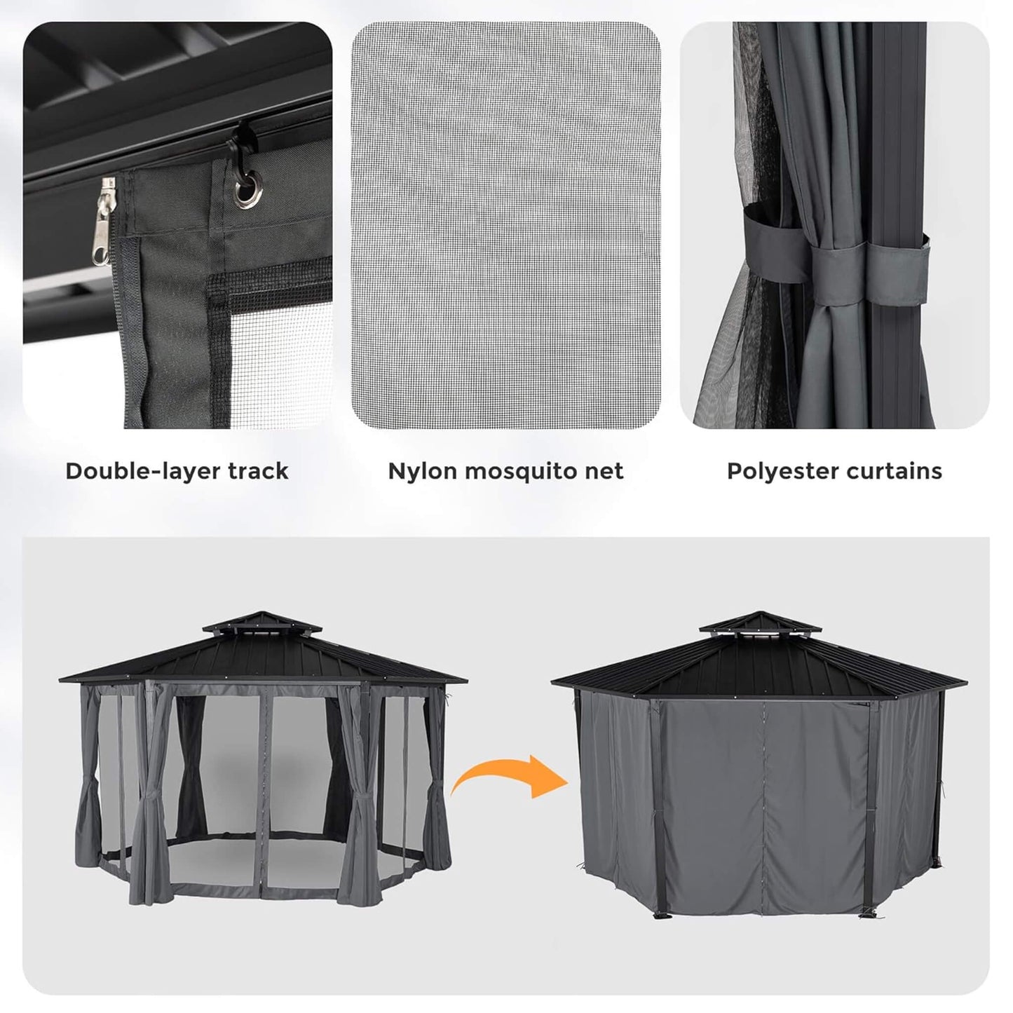 13’ x 15’ Alora Hardtop Hexagonal Gazebo With Curtains And Netting [No Furniture] (SAK60713)