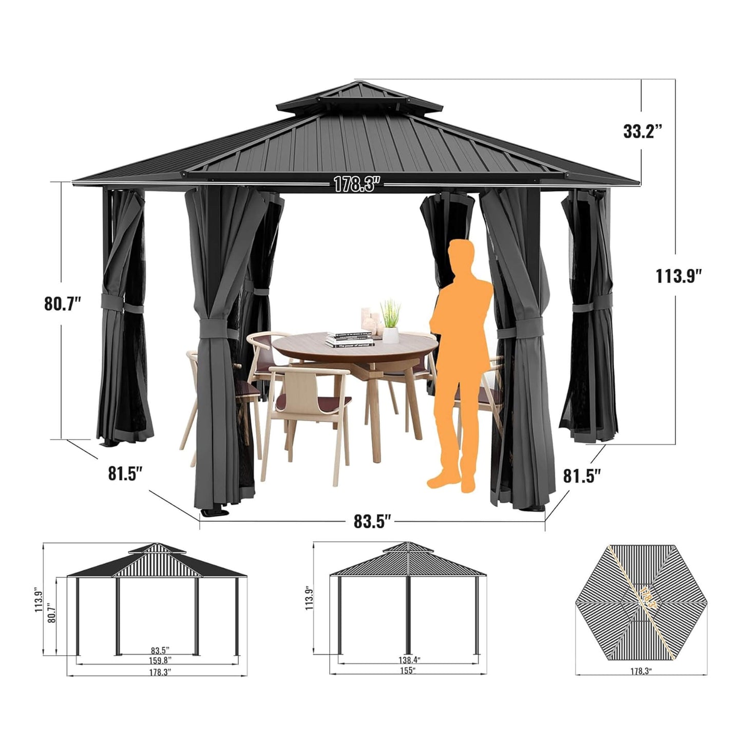 13’ x 15’ Alora Hardtop Hexagonal Gazebo With Curtains And Netting [No Furniture] (SAK60713)