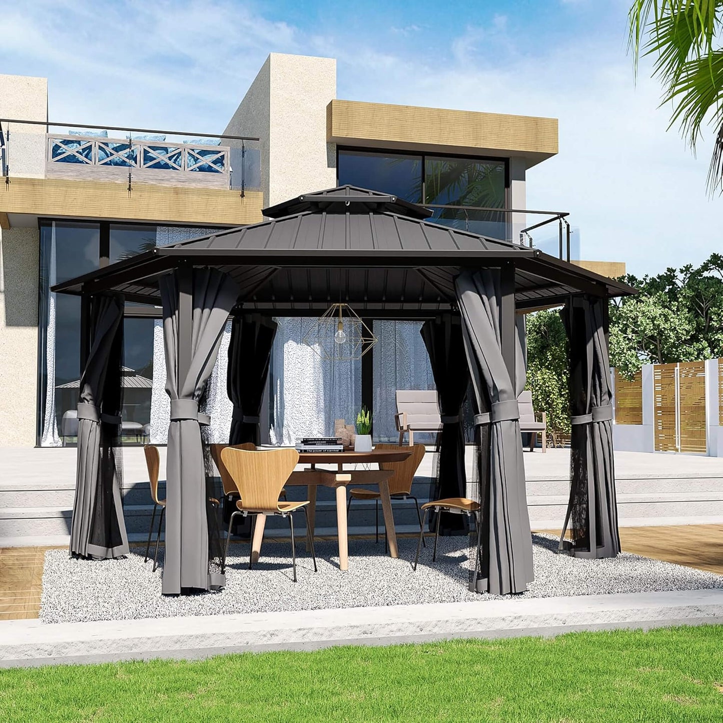 13’ x 15’ Alora Hardtop Hexagonal Gazebo With Curtains And Netting [No Furniture] (SAK60713)