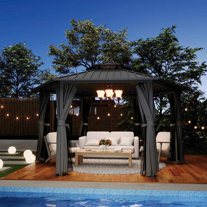 13’ x 15’ Alora Hardtop Hexagonal Gazebo With Curtains And Netting [No Furniture] (SAK60713)