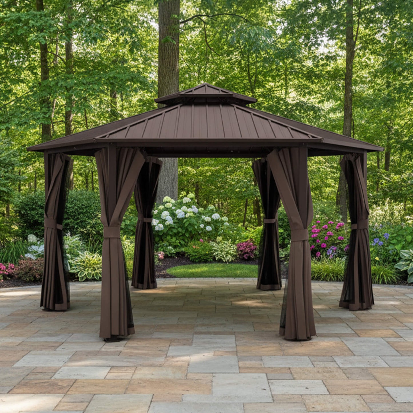 13’ x 15’ Alora Hardtop Hexagonal Gazebo With Curtains And Netting [No Furniture] (SAK60713)