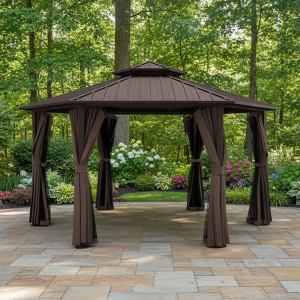 13’ x 15’ Alora Hardtop Hexagonal Gazebo With Curtains And Netting [No Furniture] (SAK60713)