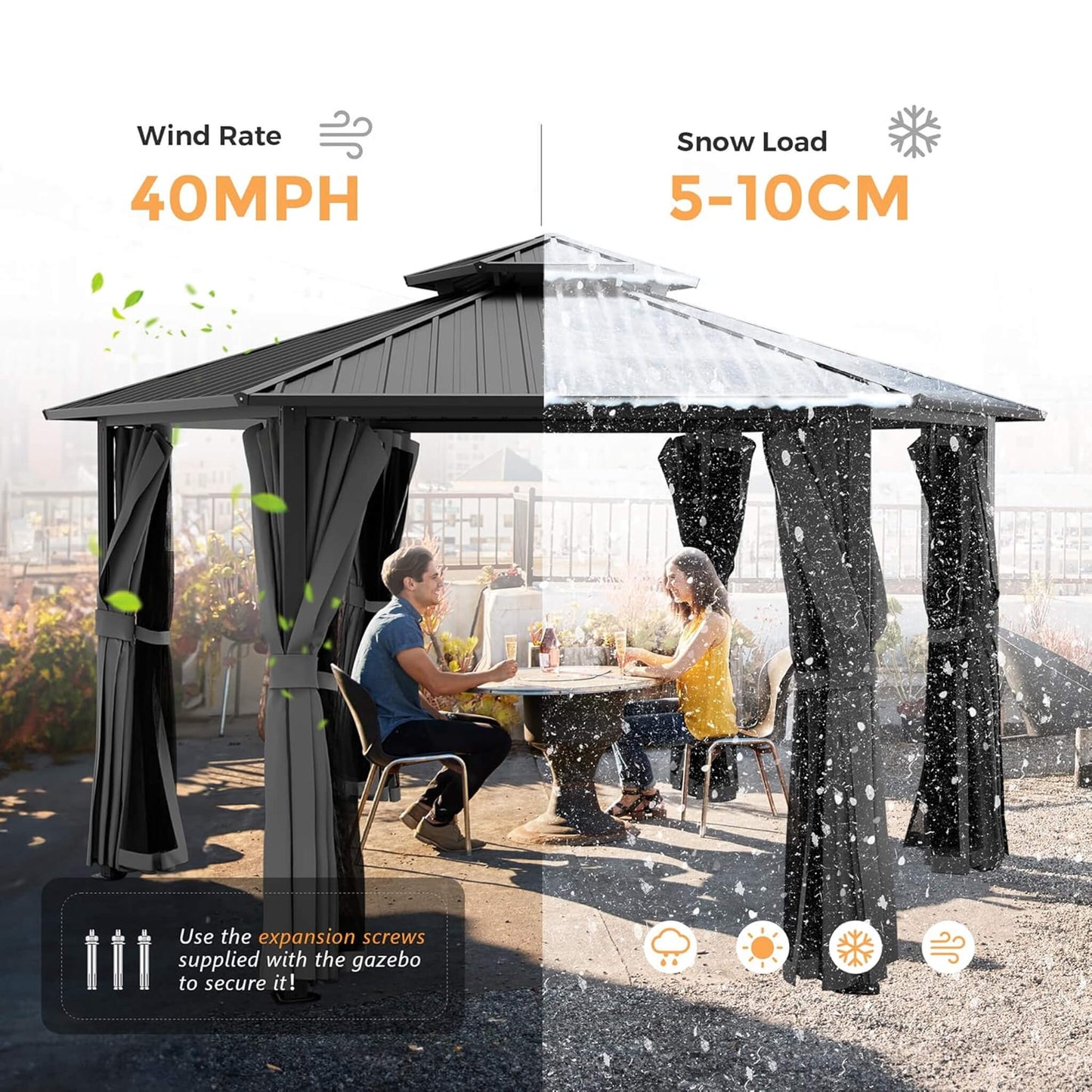13’ x 15’ Alora Hardtop Hexagonal Gazebo With Curtains And Netting [No Furniture] (SAK60713)