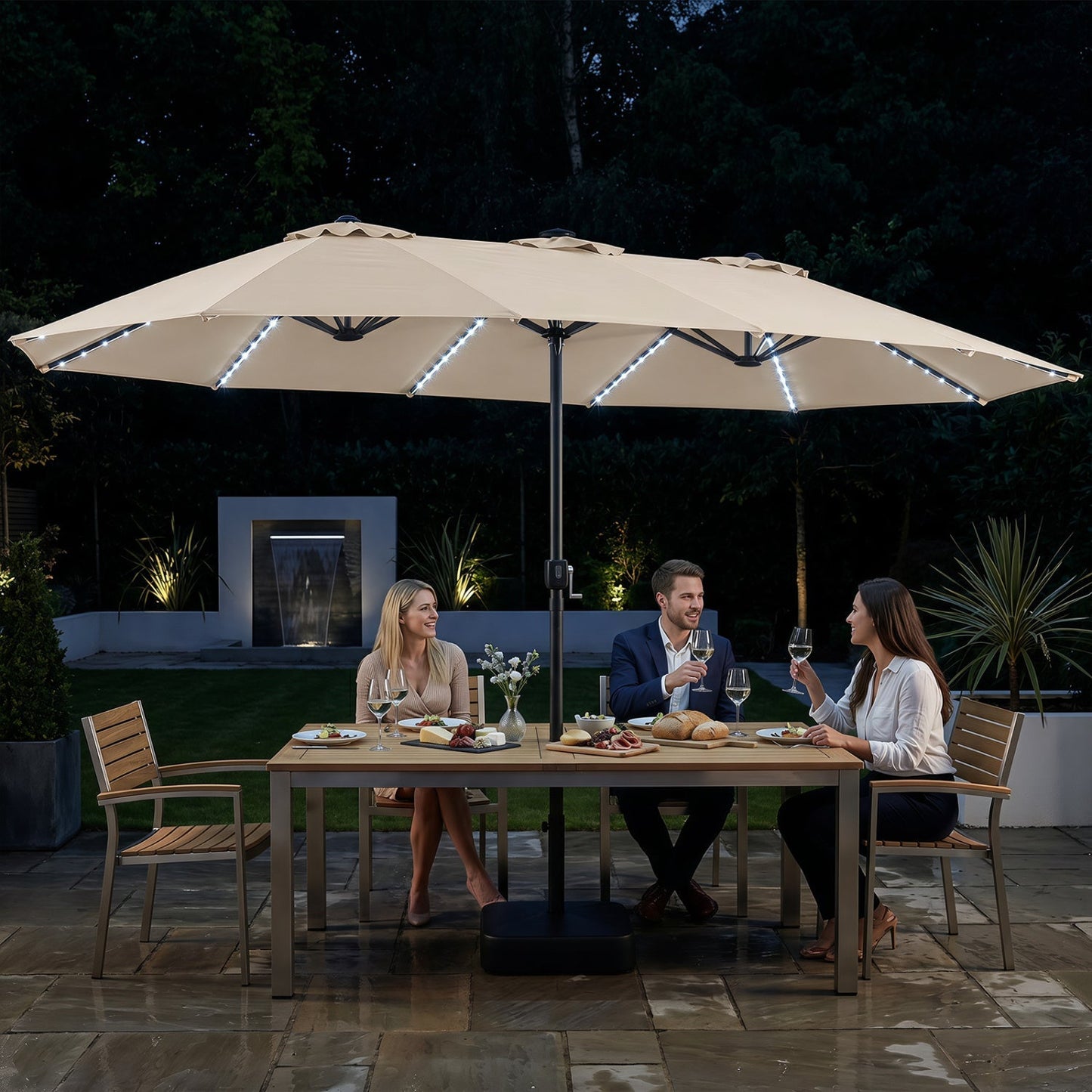 15.5’ Patio Umbrella with Solar LED Lights and Base
