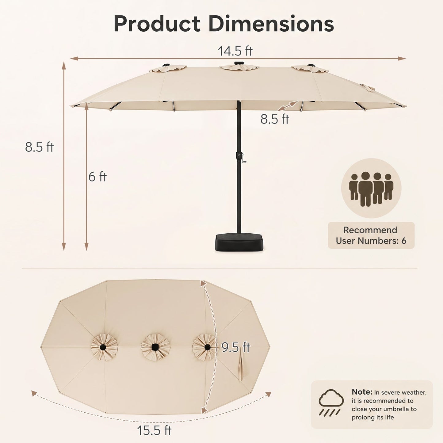 15.5’ Patio Umbrella with Solar LED Lights and Base