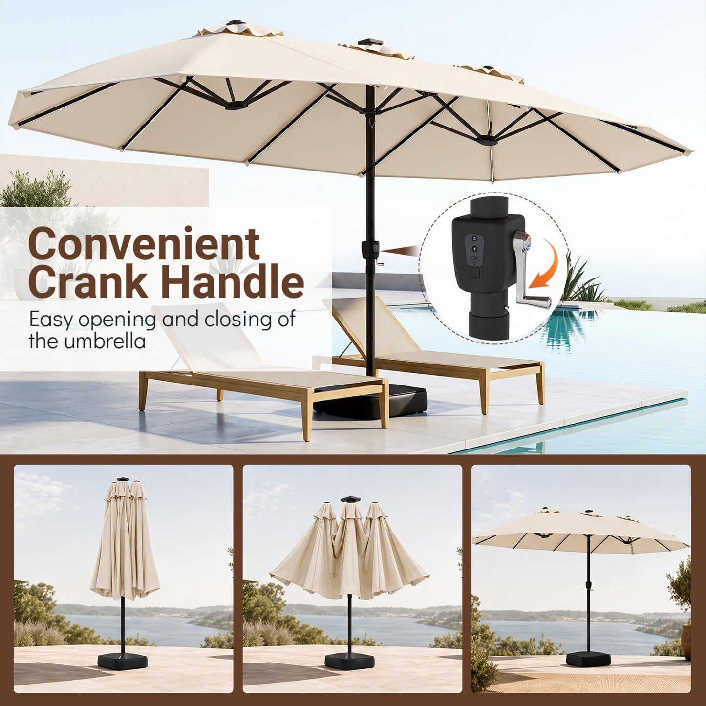 15.5’ Patio Umbrella with Solar LED Lights and Base