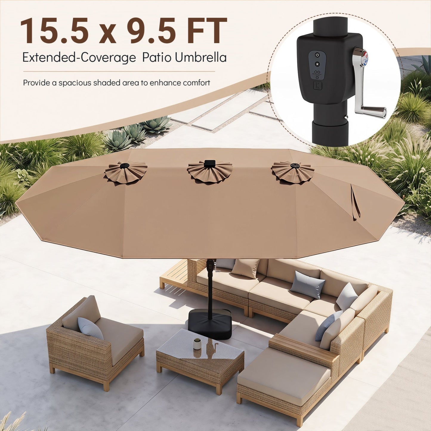 15.5’ Patio Umbrella with Solar LED Lights and Base
